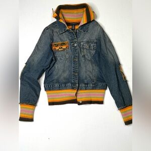 Rubber Doll Denim Jacket with Colorful Knit Trim Distressed Y2K Size XL